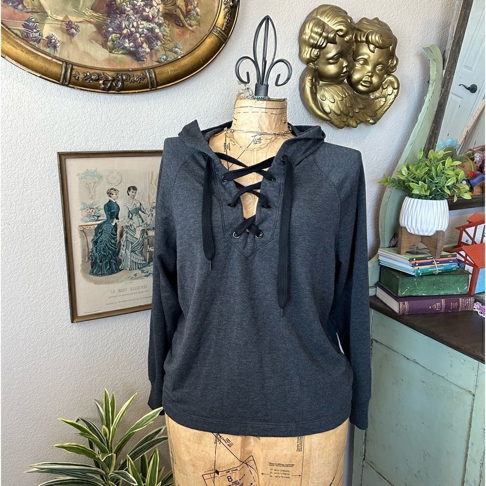 Joy Labย Grey Black Lace Up HoodieโSweatShirtโSoftโSweaterโszโXSโ